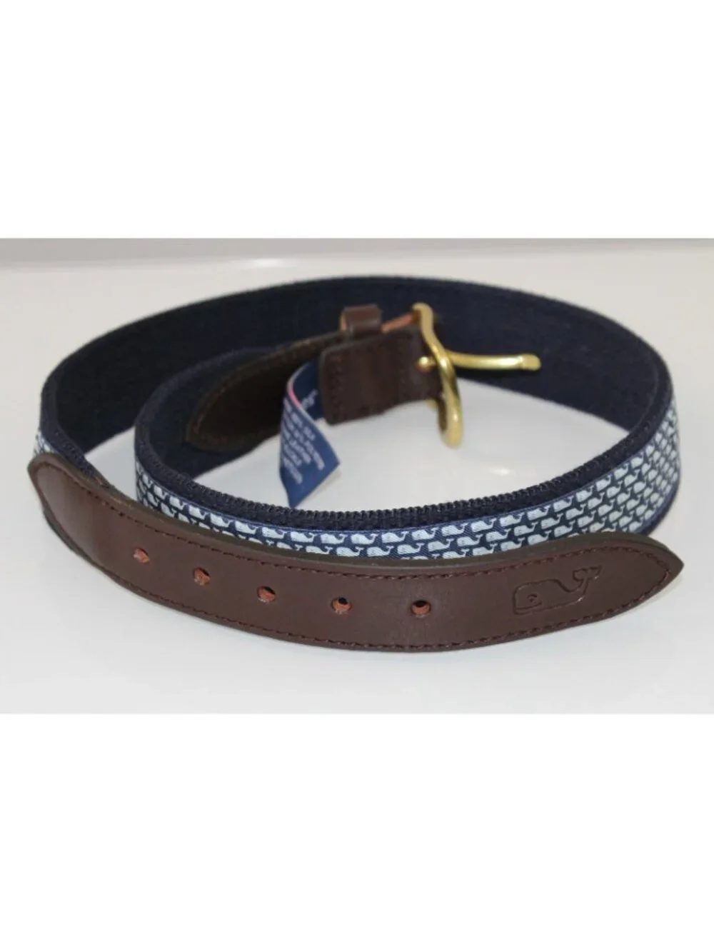 Vineyard Vines Blue Micro Whale Print Canvas Belt Youth 28 Leather Brass Buckle
